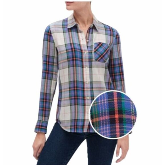 ⭐GAP Womens Flannel Plaid Shirt in Twill Sz XS Tartan Chambray Purple Casual Top - Picture 1 of 7